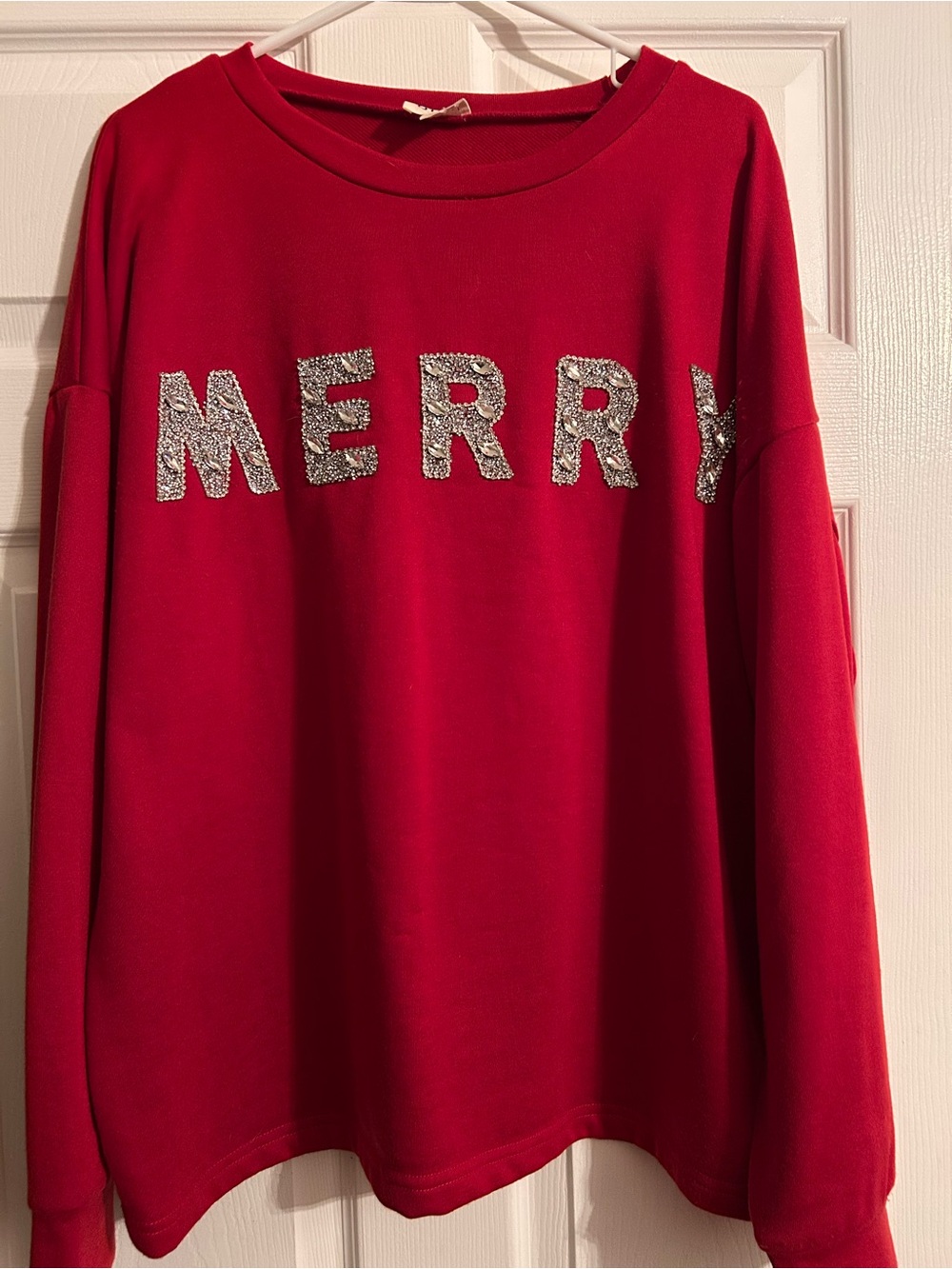 BiBi Red "MERRY" Sequin Crewneck Sweatshirt